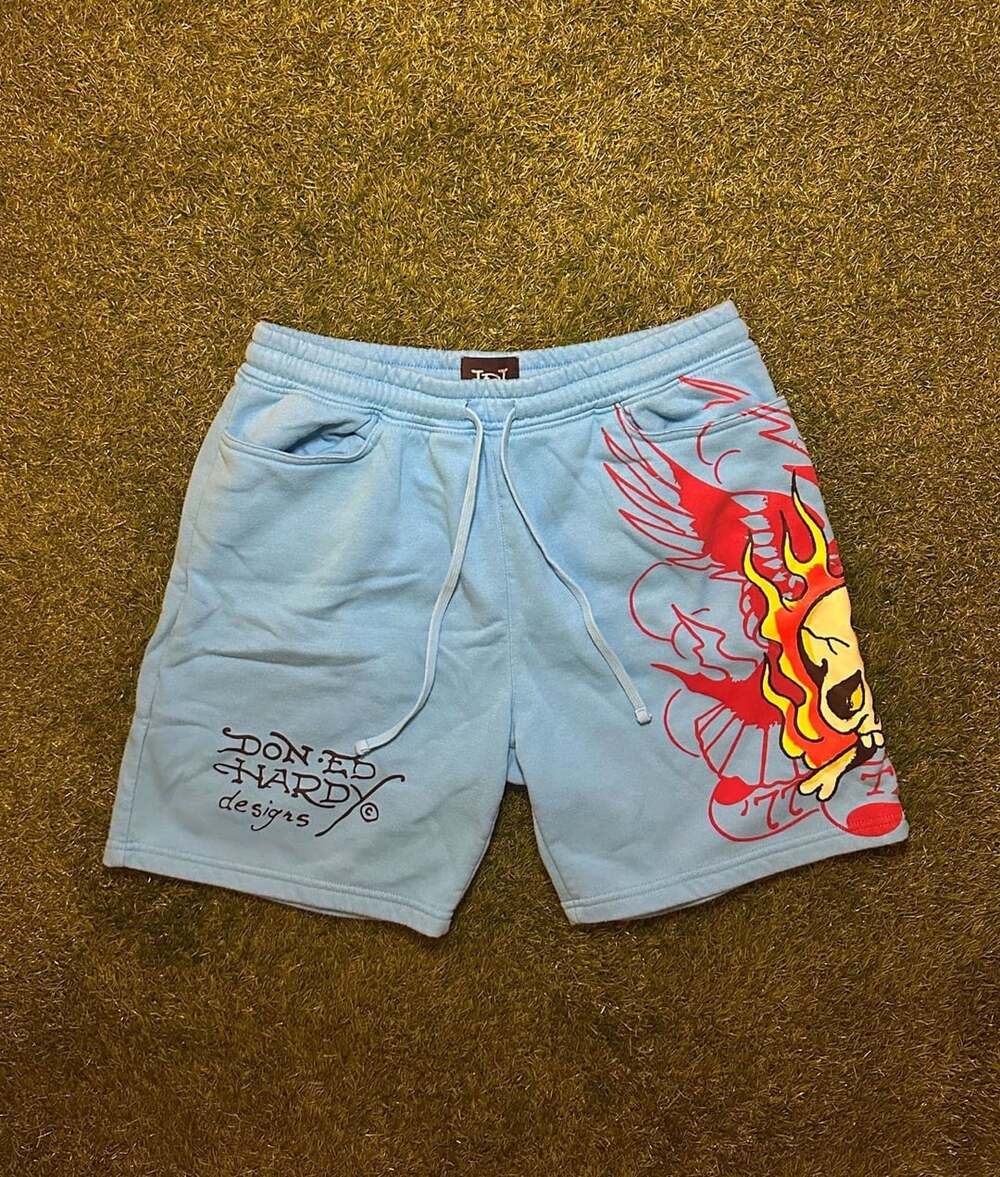 Y2K 2000s Ed Hardy Flame Skull Fleece Shorts Light Blue Graphic Sweatpants